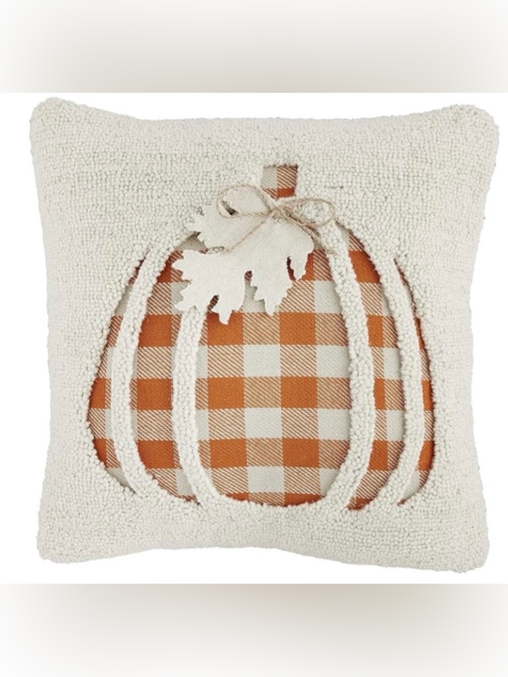 NWT Mud Pie Recessed Buffalo Check Pumpkin Hooked Herringbone Pillow, 16" x 16"